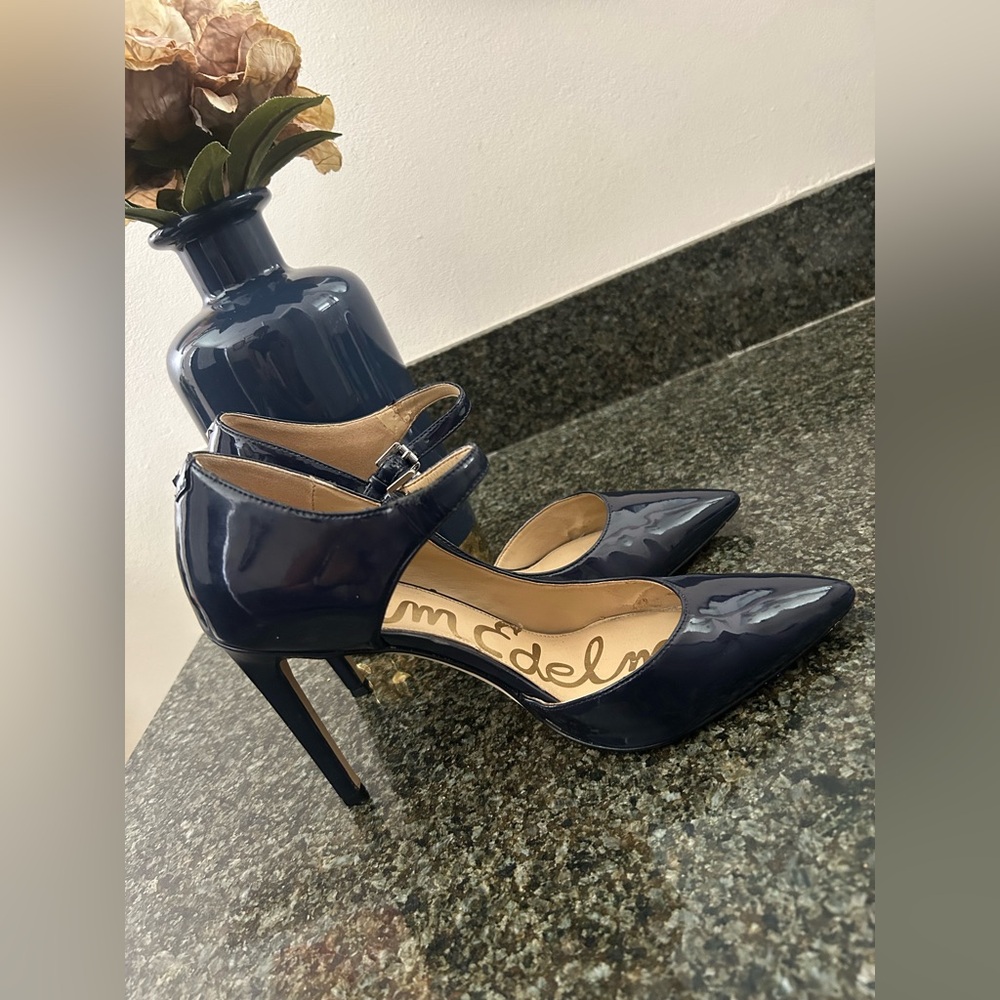 Sam Edelman Nora d'Orsay Pointed-Toe Navy Blue Patent Leather Pumps Shoe Sz 8.5